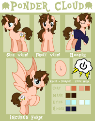 Size: 3143x4000 | Tagged: safe, artist:topas-art, oc, oc only, oc:ponder cloud, incubus, pony, unicorn, belly button, bellyring, clothes, cutie mark, goatee, hoodie, male, piercing, ponysona, reference sheet, solo, stallion