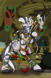 Size: 656x1000 | Tagged: safe, artist:dfectivedvice, artist:longren, color edit, edit, zecora, semi-anthro, zebra, bipedal, colored, ear fluff, earring, jewelry, loincloth, mask, solo, staff, tribal, zecora's hut