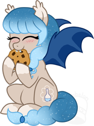 Size: 520x700 | Tagged: safe, artist:tambelon, oc, oc only, oc:glimmer palette, bat pony, pony, cookie, cute, eating, fangs, nibbling, ocbetes, solo, watermark