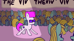 Size: 853x469 | Tagged: safe, artist:viva reverie, oc, oc only, oc:muh mogma, oc:viva reverie, earth pony, pegasus, pony, afro, crowd, immatoonlink, male, multeity, ponysona, spotlight, stallion, sunglasses