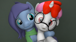 Size: 1280x720 | Tagged: safe, artist:camchao, oc, oc only, oc:aural harmony, oc:righty tighty, earth pony, pony, unicorn, 3d, ambiguous gender, clothes, cute, duo, female, floppy ears, glasses, mare, scarf, silly, source filmmaker