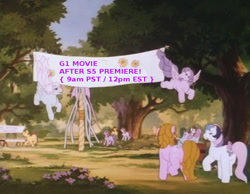 Size: 738x574 | Tagged: safe, edit, edited screencap, screencap, gingerbread, gusty, magic star, north star (g1), shady, wind whistler, g1, my little pony: the movie (g1), announcement, banner, bucket, dream valley, festival, spring, text