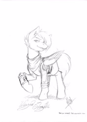 Size: 3308x4679 | Tagged: safe, artist:balck-angel, oc, oc only, oc:wingedthoughts, pegasus, pony, fallout equestria, monochrome, pipbuck, pose, smiling