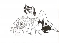 Size: 2338x1700 | Tagged: safe, artist:jmkplover, diamond tiara, alicorn, pony, black and white, clark kent, crossover, crying, dc comics, grayscale, monochrome, ponified, sad, sketch, superman