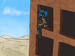 Size: 1000x750 | Tagged: source needed, safe, artist:slamjam, oc, oc only, oc:mitternachts terror, changeling, pony, unicorn, fallout equestria, building, desert, female, gun, hooves, horn, looking down, mare, optical sight, rifle, sitting, sniper rifle, solo, weapon