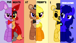 Size: 1024x585 | Tagged: safe, animatronic, bonnie, chica, five nights at freddy's, foxy, freddy fazbear, golden freddy, ponified, solo, what my cutie mark is telling me