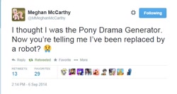 Size: 640x340 | Tagged: safe, meghan mccarthy, pony drama generator, self deprecation, text, twitter