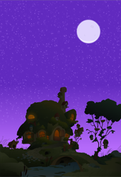 Size: 4070x5948 | Tagged: safe, artist:intrapulation, absurd resolution, bridge, fluttershy's cottage, moon, night, no pony, river, scenery