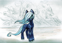 Size: 900x627 | Tagged: safe, artist:shaudo, oc, oc only, oc:diamond dust, pony, windigo, blue, eyelashes, female, long mane, long tail, mare, snowflake, solo, standing, unhappy, unshorn fetlocks