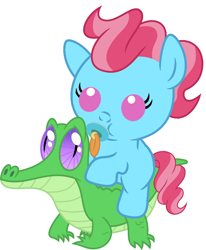 Size: 836x1017 | Tagged: safe, artist:red4567, cup cake, gummy, pony, baby, baby pony, cute, pacifier, ponies riding gators, riding, weapons-grade cute