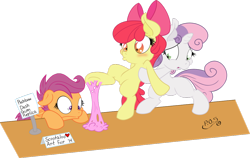 Size: 1024x646 | Tagged: safe, artist:dfectivedvice, artist:midnightblitzz, apple bloom, scootaloo, sweetie belle, bubblegum, cute, cutie mark crusaders, funny, simple background, transparent background, vector