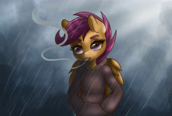 Size: 8332x5644 | Tagged: safe, artist:pitchyy, scootaloo, anthro, absurd resolution, cigarette, rain, smoking, solo