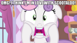 Size: 981x550 | Tagged: safe, screencap, sweetie belle, female, image macro, implied scootabelle, lesbian, meme, screamie belle