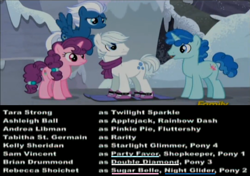 Size: 1907x1344 | Tagged: safe, edit, edited screencap, screencap, double diamond, night glider, party favor, sugar belle, earth pony, pegasus, pony, unicorn, the cutie map, andrea libman, ashleigh ball, brian drummond, credits, equal four, female, male, mare, quartet, rebecca shoichet, sam vincent, stallion, tabitha st. germain, tara strong