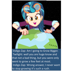 Size: 3524x3650 | Tagged: safe, artist:trohobo, indigo zap, equestria girls, friendship games, are we gonna win?, clothes, crystal prep academy, crystal prep shadowbolts, earth, goddess, goggles, macro, school uniform, solo, world domination