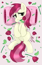 Size: 920x1400 | Tagged: safe, artist:joakaha, roseluck, pony, body pillow, body pillow design, flower, on back, rose, rose petals, solo, sultry pose