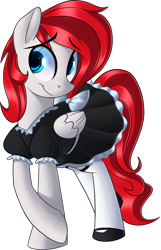 Size: 910x1409 | Tagged: safe, artist:january3rd, oc, oc only, oc:air raid, pegasus, pony, fallout equestria, fallout equestria: outlaw, :t, clothes, commission, crossdressing, crossed hooves, cute, featured on derpibooru, femboy, folded wings, looking at you, looking back, maid, male, ocbetes, raised hoof, shoes, shy, simple background, smiling, solo, stallion, transparent background, trap