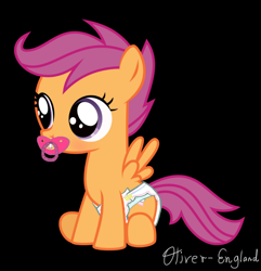 Size: 822x854 | Tagged: dead source, safe, artist:oliver-england, scootaloo, cute, cutealoo, diaper, pacifier, solo