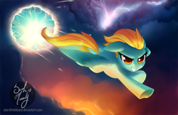 Size: 900x582 | Tagged: safe, artist:starshinebeast, lightning dust, cloud, cloudy, flying, grin, lightning, solo