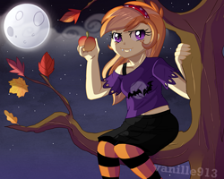 Size: 1280x1024 | Tagged: safe, artist:spookyle, oc, oc only, oc:pumpkin patch, bat pony, human, apple, clothes, costume, humanized, humanized oc, midriff, moon, night, nightmare night costume, sitting, sitting in a tree, skirt, solo, tanktop, tree