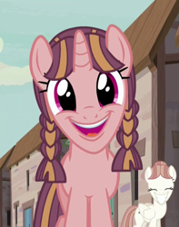 Size: 600x761 | Tagged: safe, screencap, the cutie map, background pony, bacon braids, creepy, faic, smiling