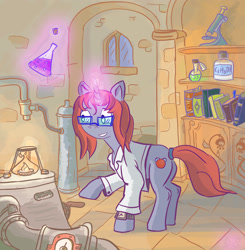 Size: 3012x3072 | Tagged: safe, artist:raddjuret, oc, oc only, oc:oxie, book, flask, glasses, magic, microscope, solo, telekinesis