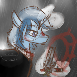 Size: 1000x1000 | Tagged: safe, artist:mabu, minuette, oc, oc:minuet, blood, gun, rain, rule 63