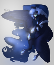 Size: 1024x1229 | Tagged: safe, artist:sofilut, nightmare moon, flying, grin, solo