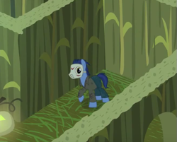 Size: 545x438 | Tagged: safe, screencap, earth pony, pony, scare master, clothes, corn maze, costume, friday the 13th, grayson eddy, jason voorhees, male, maze, nightmare night, nightmare night costume, raised hoof, reference, solo, stallion