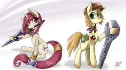 Size: 1440x800 | Tagged: safe, artist:starlightspark, bag, dark chronicle, hat, mouth hold, ponified, sword, weapon