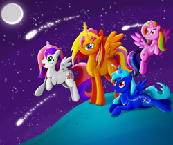 Size: 2200x1850 | Tagged: safe, artist:platinumpegasister, oc, oc only, oc:flower blossom, oc:milky way, oc:sparkle heart, oc:star peace, alicorn, pony, alicorn oc, female, mare, moon, night, stars