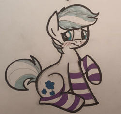 Size: 574x540 | Tagged: safe, artist:drawponies, double diamond, the cutie map, blushing, clothes, socks, solo, striped socks, traditional art