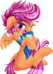 Size: 858x1200 | Tagged: safe, artist:knifeh, scootaloo, oc, oc:nife, armband, blushing, plushie, solo, wings