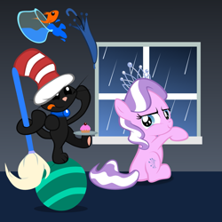 Size: 1635x1635 | Tagged: safe, artist:magerblutooth, diamond tiara, oc, oc:dazzle, cat, fish, balance, dr. seuss, juggling, mop, rain, the cat in the hat