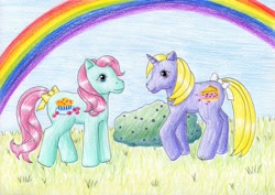 Size: 1024x724 | Tagged: safe, artist:normaleeinsane, g1, boysenberry pie, cranberry muffins, rainbow, traditional art