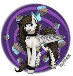 Size: 874x914 | Tagged: safe, artist:farcuf, oc, oc only, pegasus, pony, clothes, fangs, long mane, muffin, pentagram, socks, solo