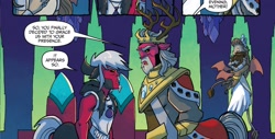 Size: 1984x1004 | Tagged: safe, idw, king vorak, lord tirek, queen haydon, scorpan, centaur, gargoyle, spoiler:comic, spoiler:comicfiendshipismagic2, antlers, armor, beard, clothes, comic, crown, cute, diascorpes, dress, eyes closed, facial hair, family, father and child, father and son, female, flying, glare, hug, jewelry, king, loving mother, male, mother and child, mother and son, nose piercing, nose ring, official comic, parent and child, piercing, prince, queen, regalia, speech bubble, spread wings, suspicious, teenager, tirek is not amused, wings, young tirek, younger