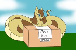 Size: 1280x837 | Tagged: safe, artist:metalaura, oc, oc only, oc:hissyfit, lamia, original species, snake, eyelashes, female, fluffy, free hugs, grin, hair over one eye, imma snuggle you, it's a trap, looking at you, sign, smiling, snek, solo