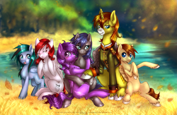 Size: 1707x1110 | Tagged: safe, artist:limreiart, oc, oc only, oc:allen sparkle, oc:onyx wing, oc:silvia rhea wing, pegasus, pony, unicorn, 2013, autumn, cute, female, filly, hug, ocbetes, royal guard, sitting, wings