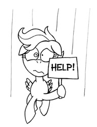 Size: 485x636 | Tagged: safe, artist:samueleallen, scootaloo, lineart, monochrome, road runner, scootaloo can't fly, sign, solo, wile e coyote