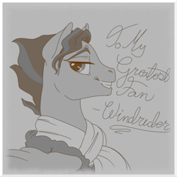 Size: 1054x1054 | Tagged: safe, artist:sourcherry, wind rider, pegasus, pony, rarity investigates, autograph, clothes, grayscale, male, monochrome, photo, scarf, smiling, solo, stallion, younger