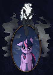 Size: 2480x3508 | Tagged: safe, artist:skjolty, twilight sparkle, oc, oc:lustrous revolt, oc:thael godsrin, fanfic:inner glory, cover art, fanfic, fanfic art, fanfic cover, inner glory, mirror, mirror universe, mirrored, smoke