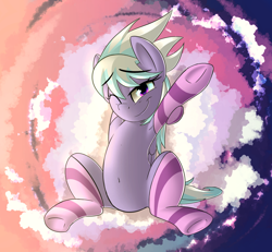 Size: 2100x1938 | Tagged: safe, artist:january3rd, cloudchaser, armpits, belly button, clothes, cutechaser, morning ponies, sitting, socks, solo, stretching, striped socks, underhoof, wink