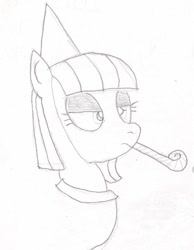 Size: 731x942 | Tagged: safe, artist:barryfrommars, maud pie, hat, monochrome, noisemaker, party hat, solo, traditional art