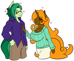 Size: 1341x1103 | Tagged: safe, artist:appelknekten, oc, oc only, oc:appel, oc:sketchy skylar, anthro, earth pony, unicorn, appelskylar, blushing, breasts, clothes, female, flirting, glasses, heart, makeup, male, mare, necklace, stallion, sweater