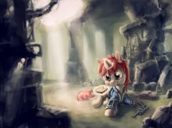 Size: 4000x2973 | Tagged: safe, artist:hunternif, oc, oc only, oc:littlepip, pony, unicorn, fallout equestria, alternate design, clothes, cute, fanfic, fanfic art, female, glowing horn, gun, handgun, little macintosh, magic, mare, pipabetes, pipbuck, revolver, ruins, sandwich, solo, telekinesis, vault suit, weapon