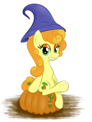 Size: 1131x1506 | Tagged: safe, artist:hip-indeed, carrot top, golden harvest, hat, pumpkin, solo, underhoof