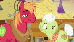 Size: 1920x1080 | Tagged: safe, screencap, big macintosh, granny smith, earth pony, pony, scare master, hay, male, stallion, unimpressed, wagon