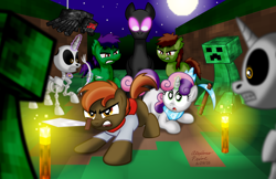Size: 2000x1294 | Tagged: safe, artist:aleximusprime, button mash, sweetie belle, spider, zombie, armor, creeper, diamond armor, diamond pickaxe, don't mine at night, enderman, endermane, female, male, minecraft, shipping, skeleton, straight, sweetiemash, sword, torch, weapon
