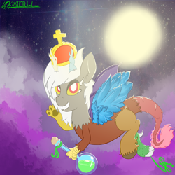 Size: 1600x1600 | Tagged: safe, artist:magical disaster, discord, eris, clowds, cotton candy cloud, female, looking at you, moon, night, potion, rule 63, solo